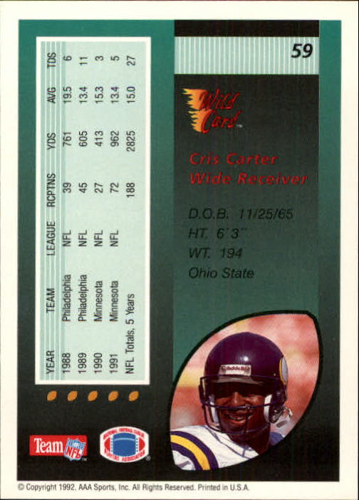1992 Wild Card #59 Cris Carter back image