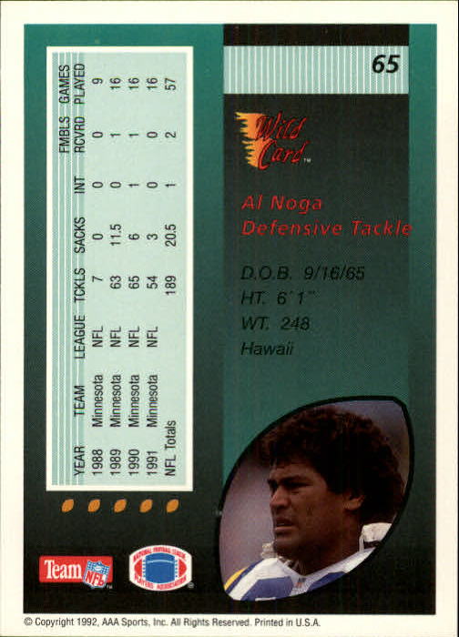1992 Wild Card #65 Al Noga UER back image