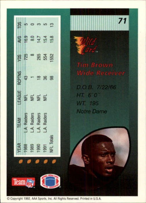 1992 Wild Card #71 Tim Brown back image