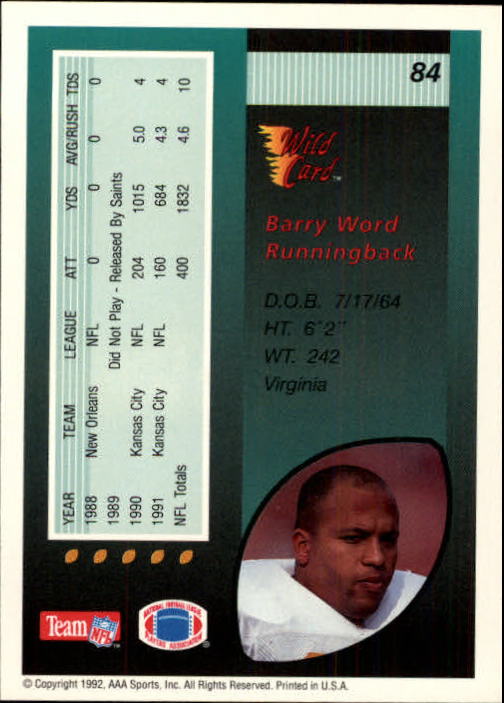 1992 Wild Card #84 Barry Word back image