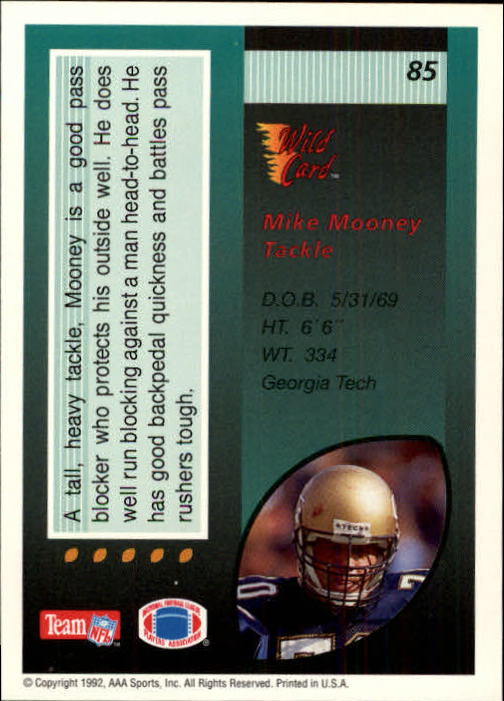 1992 Wild Card #85 Mike Mooney RC back image