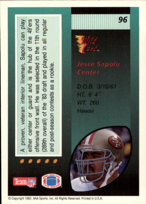 1992 ALL-MADDEN JESSE SAPOLU ACTION PACKED CARD#4 SAN FRANCISCO 49ERS HAWAII