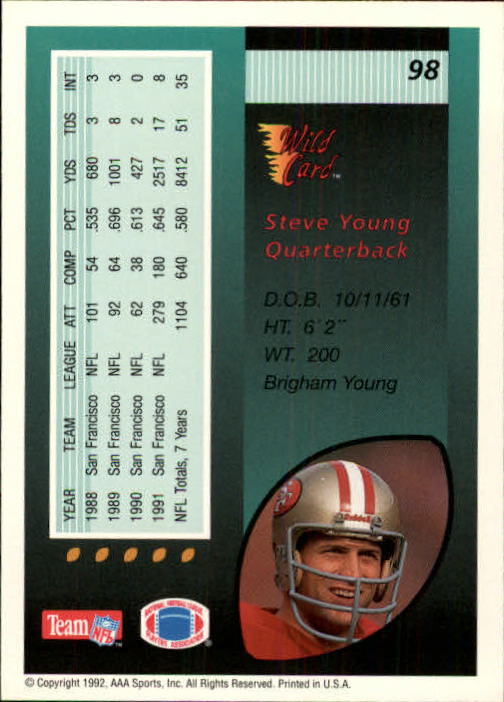 1992 Wild Card #98 Steve Young back image