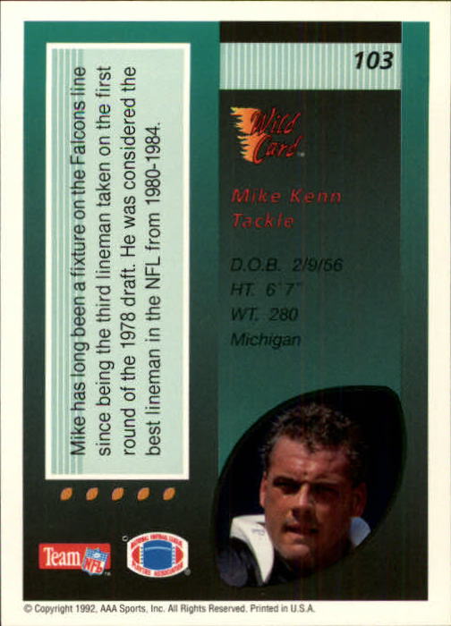 1992 Wild Card #103 Mike Kenn back image