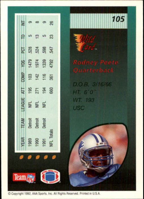 1992 Wild Card #105 Rodney Peete back image