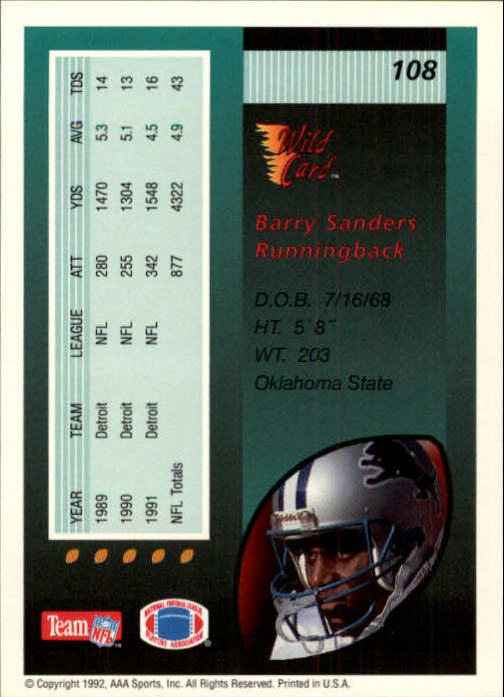 1992 Wild Card #108 Barry Sanders back image