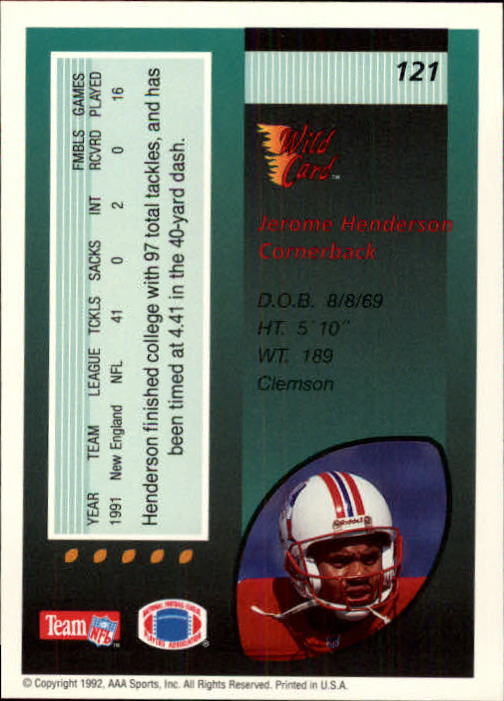 1992 Wild Card #121 Jerome Henderson back image