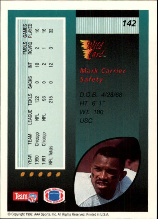1992 Wild Card #142 Mark Carrier DB back image
