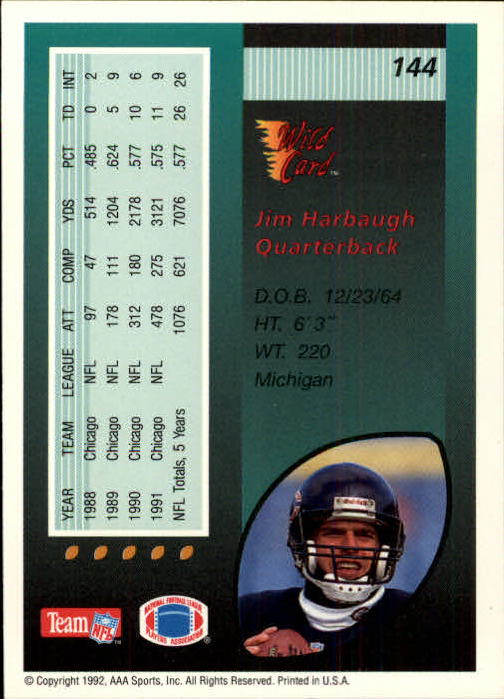1992 Wild Card #144 Jim Harbaugh back image