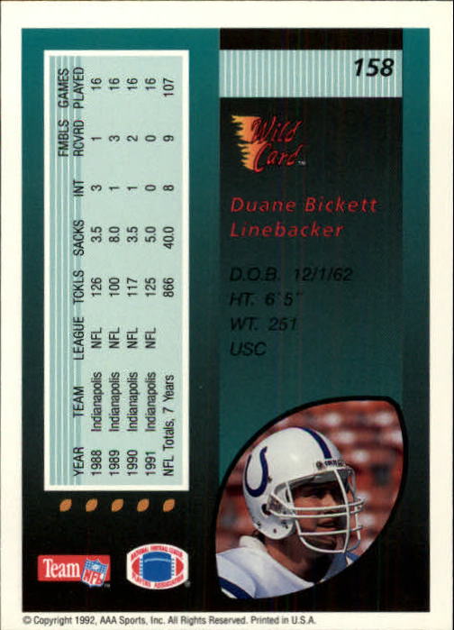 1992 Wild Card #158 Duane Bickett back image