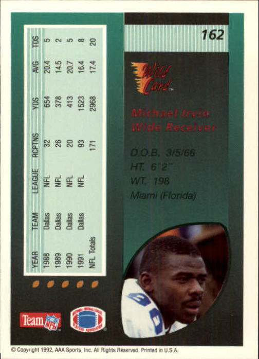 1992 Wild Card #162 Michael Irvin back image