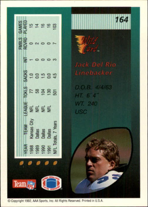 1992 Wild Card #164 Jack Del Rio back image