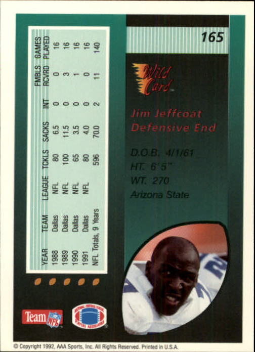 1992 Wild Card #165 Jim Jeffcoat back image