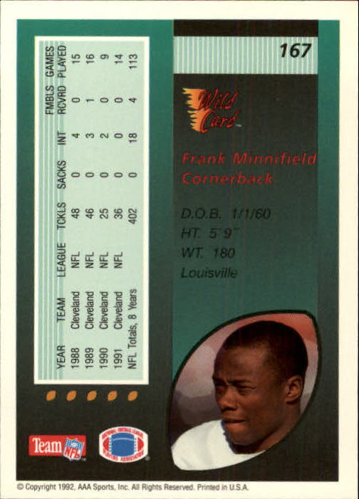 1992 Wild Card #167 Frank Minnifield back image