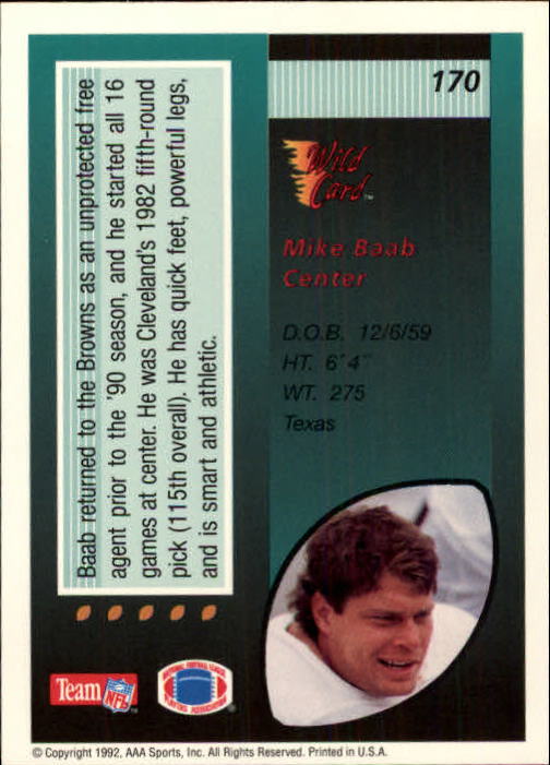 1992 Wild Card #170 Mike Baab back image