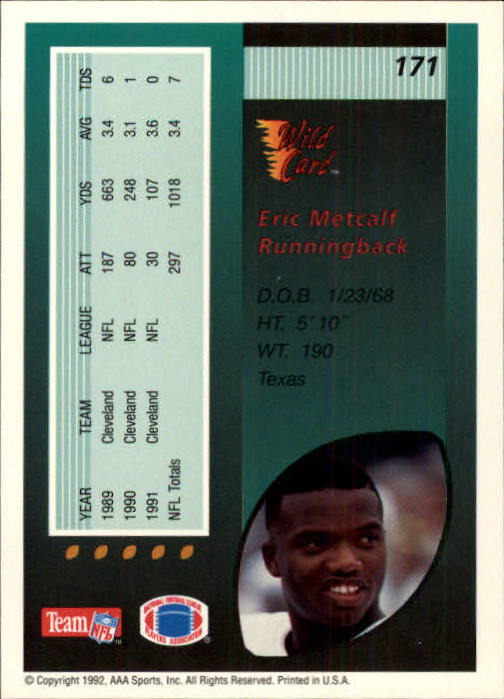 1992 Wild Card #171 Eric Metcalf back image
