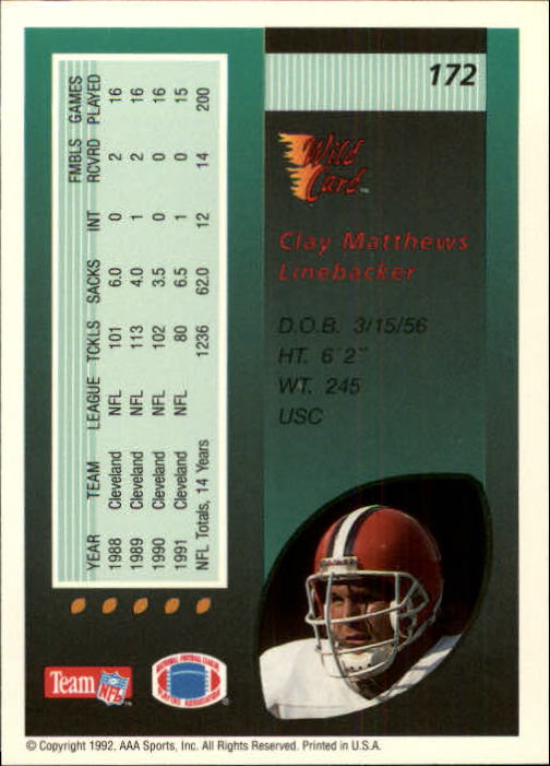 1992 Wild Card #172 Clay Matthews back image