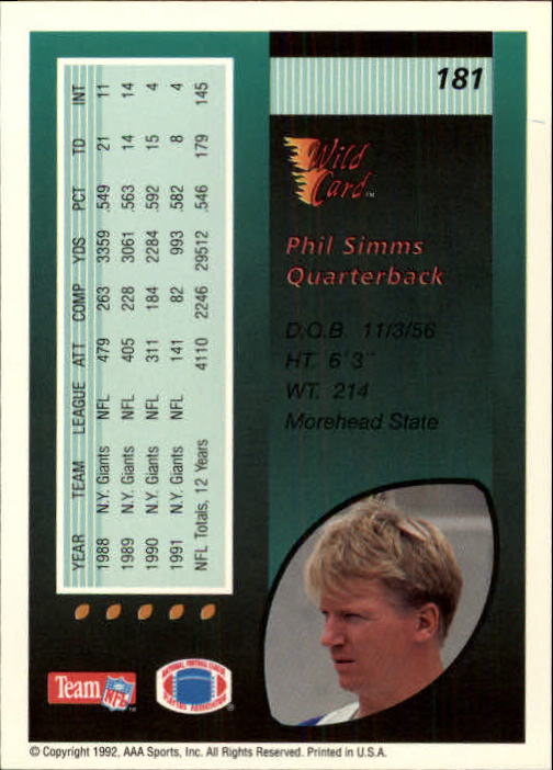 1992 Wild Card #181 Phil Simms back image