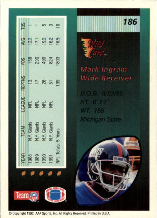 1992 Wild Card #186 Mark Ingram back image