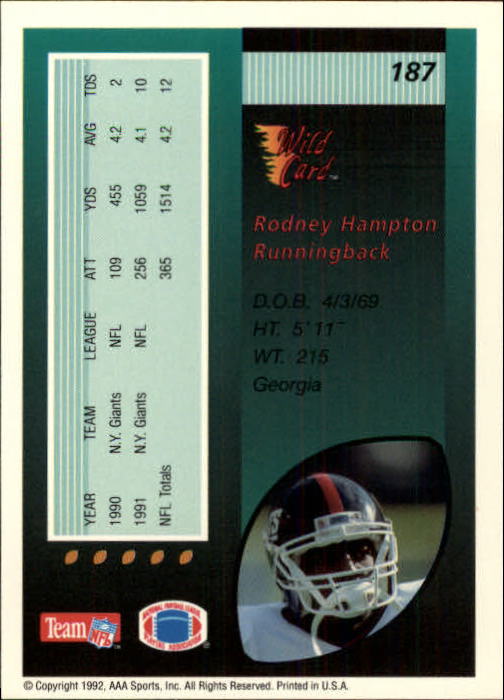 1992 Wild Card #187 Rodney Hampton back image