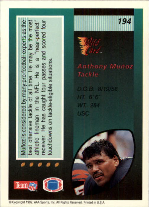 1992 Wild Card #194 Anthony Munoz back image
