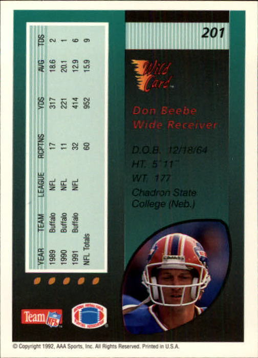 1992 Wild Card #201 Don Beebe back image