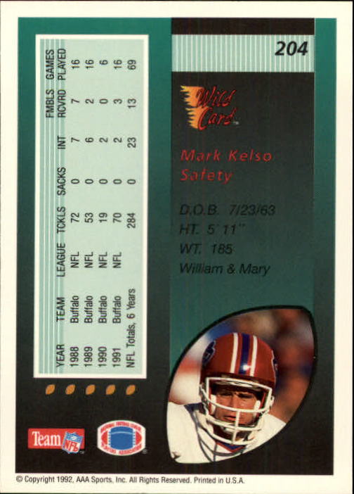 1992 Wild Card #204 Mark Kelso back image