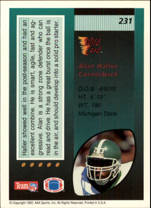 1992 Wild Card #231 Alan Haller RC back image