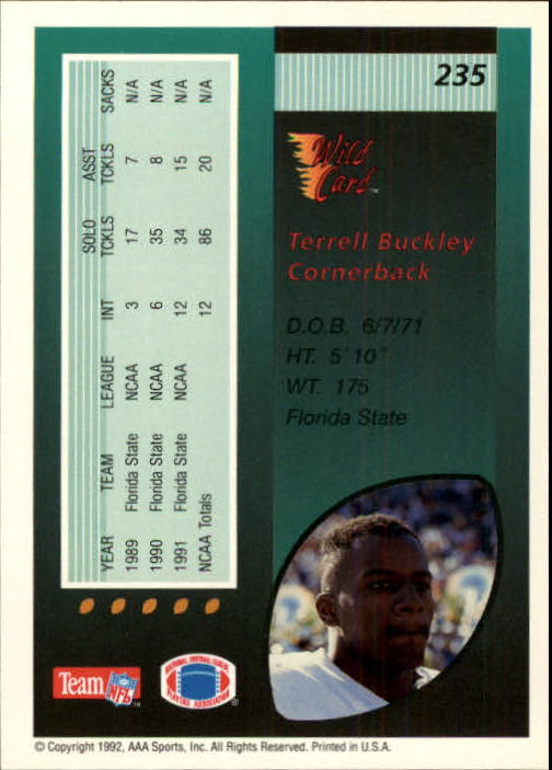 1992 Wild Card #235 Terrell Buckley RC back image