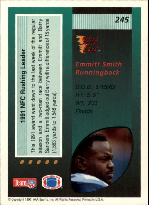 1992 Wild Card #245 Emmitt Smith LL back image