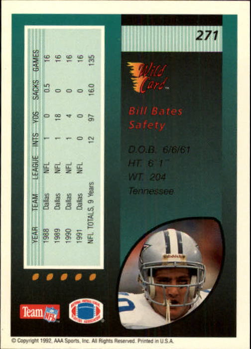 1992 Wild Card #271 Bill Bates back image