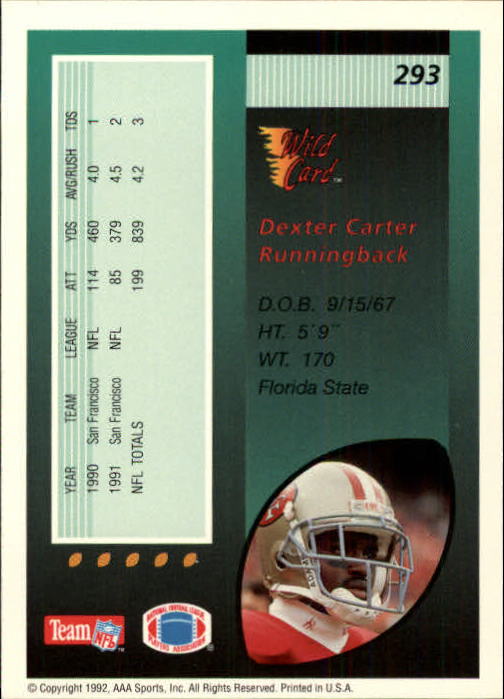 1992 Wild Card #293 Dexter Carter back image
