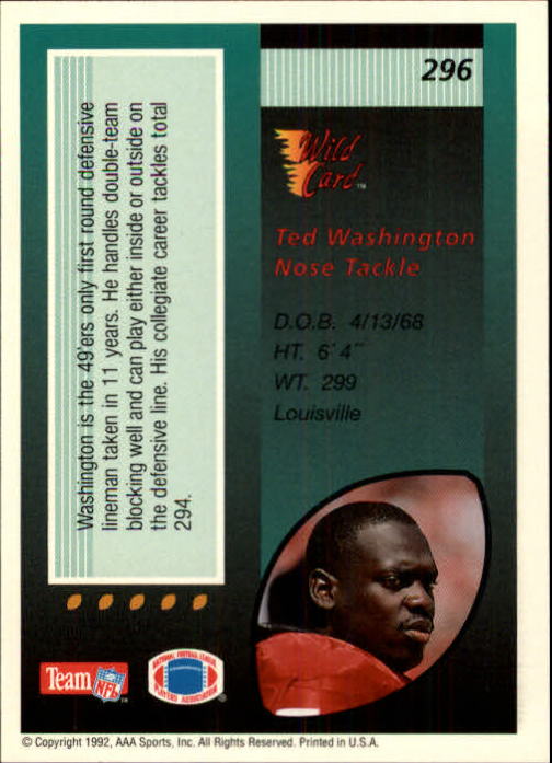 1992 Wild Card #296 Ted Washington back image