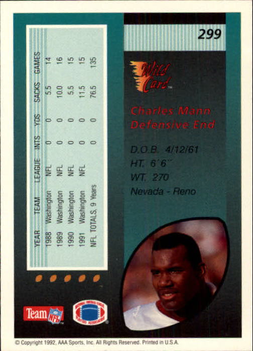 1992 Wild Card #299 Charles Mann back image