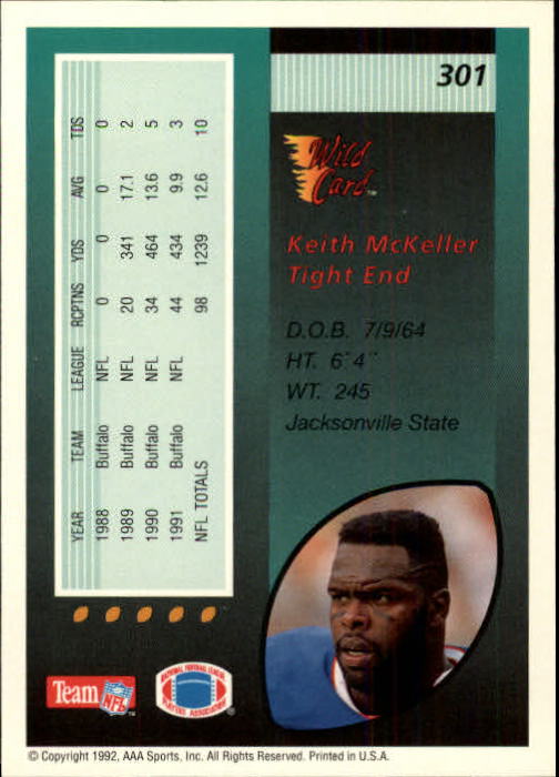 1992 Wild Card #301 Keith McKeller back image