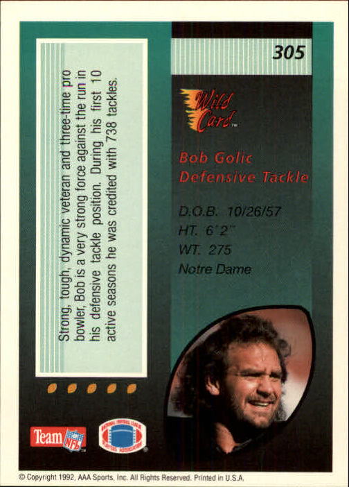 1992 Wild Card #305 Bob Golic back image