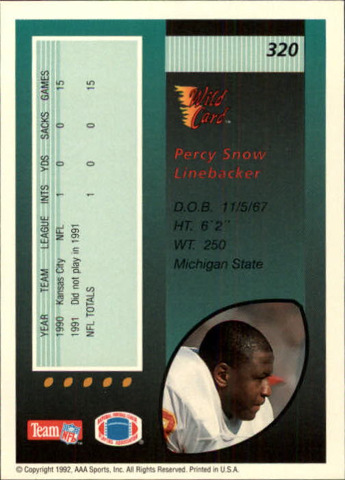 1992 Wild Card #320 Percy Snow back image