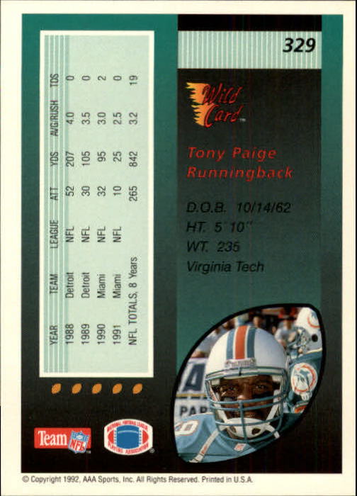 1992 Wild Card #329 Tony Paige back image