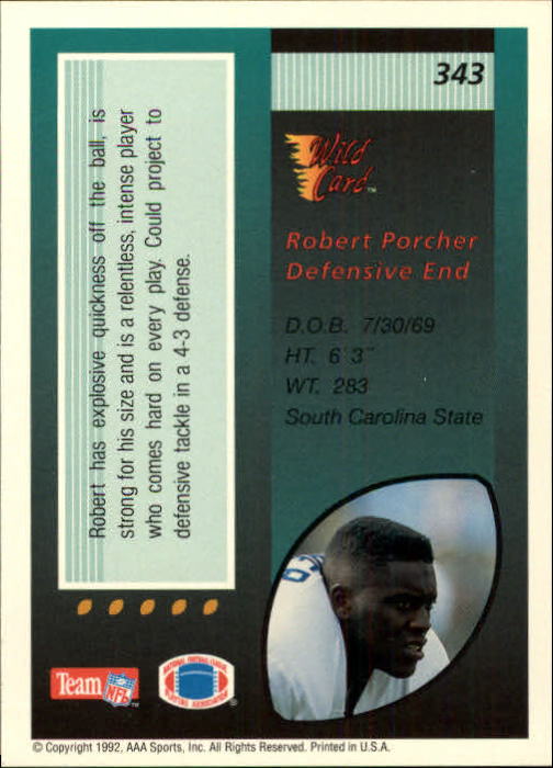 1992 Wild Card #343 Robert Porcher RC back image