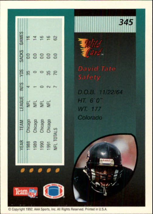 1992 Wild Card #345 David Tate back image