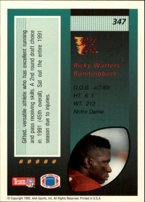 1992 Wild Card #347 Ricky Watters back image