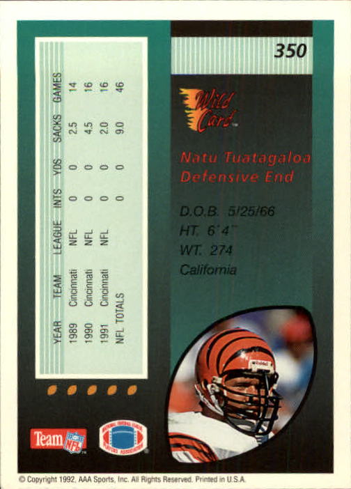 1992 Wild Card #350 Natu Tuatagaloa RC back image