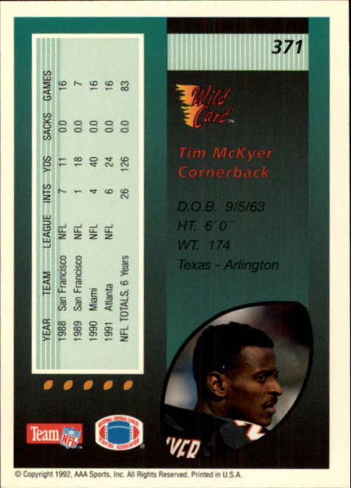 1992 Wild Card #371 Tim McKyer back image