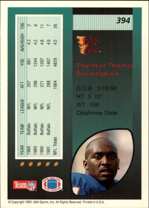 1992 Wild Card #394 Thurman Thomas back image