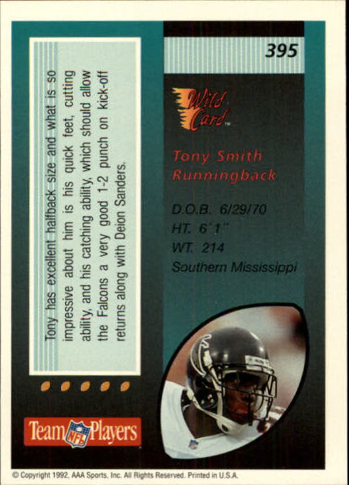 1992 Wild Card #395 Tony Smith RC back image