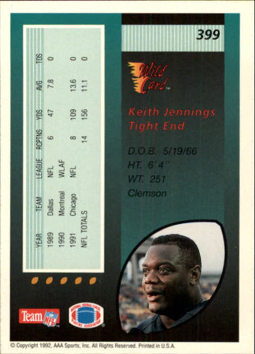 1992 Wild Card #399 Keith Jennings RC back image