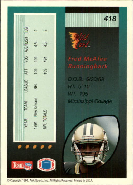 1992 Wild Card #418 Fred McAfee RC back image