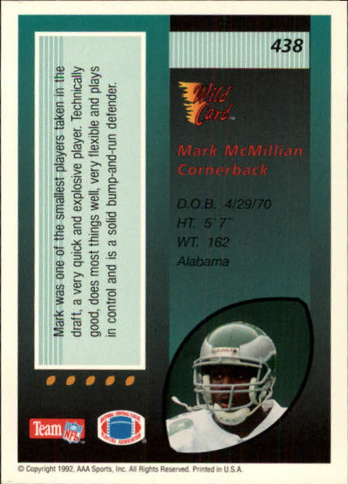 1992 Wild Card #438 Mark McMillian RC back image