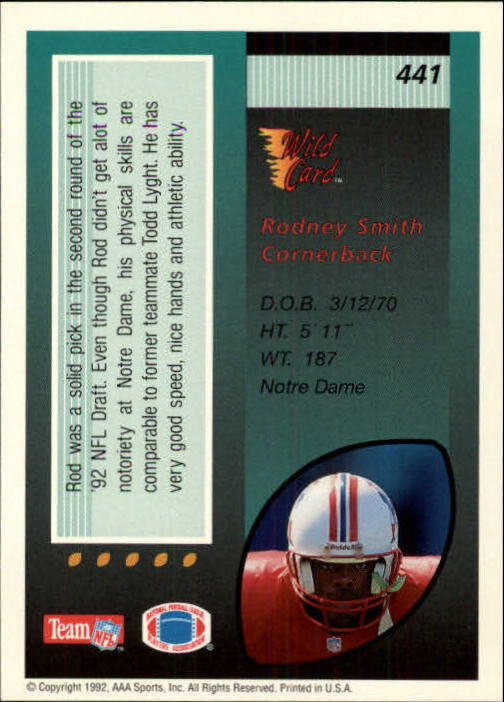 1992 Wild Card #441 Rod Smith DB RC back image