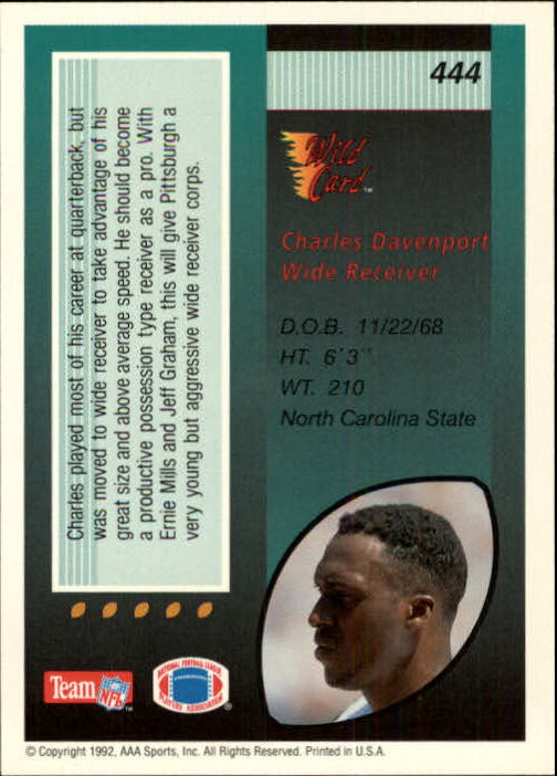 1992 Wild Card #444 Charles Davenport RC back image